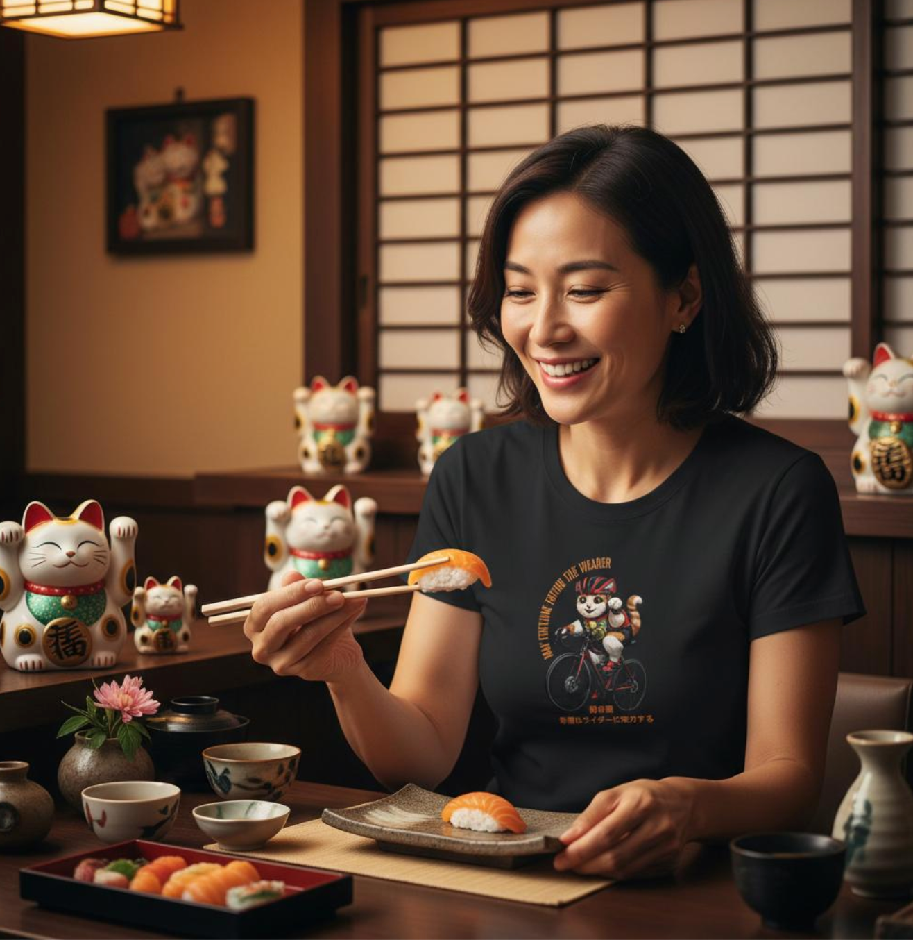 Woman enjoying sushi in a traditional Japanese restaurant setting wearing a women's specific black T-shirt known as "Lucky Kitty" from The Devoted Cyclist. It is a lucky Japanese cat with the right arm raised and riding a road bike. The text says "May Fortune Favor the Wearer" and has a traditional Japanese print just below the bicycle that brings fortune and lucky to cyclists.
