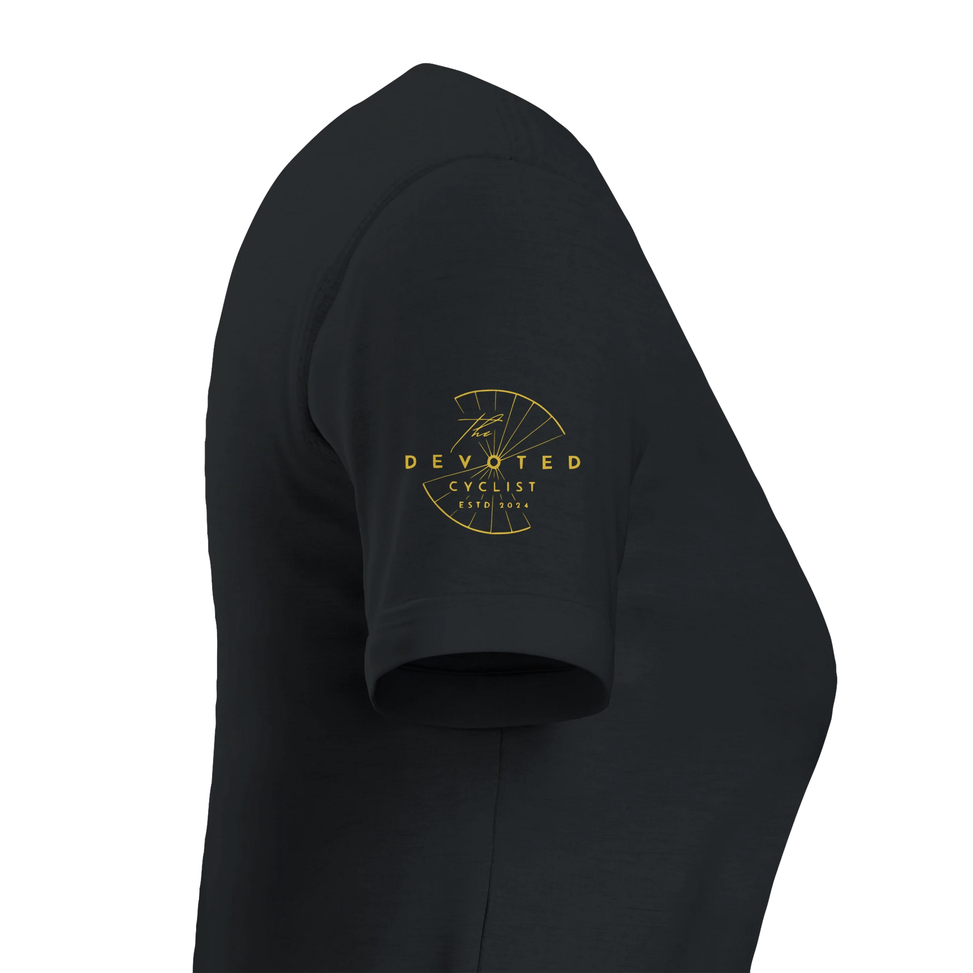 Side image of women's specific T-shirt in black to show the Devoted logo visible on the right hand, printed in gold , on a transparent background. 