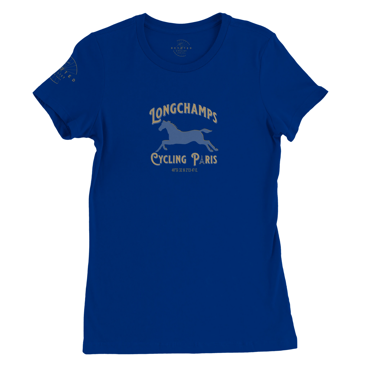 Image of the Longchamps Cycling Paris-women's specific T-shirt in royal blue from The Devoted Cyclist. The words Longchamps Cycing Paris surround the silhouette of a horse that is in motion. The text is Gold and light blue, as well as the horse. 