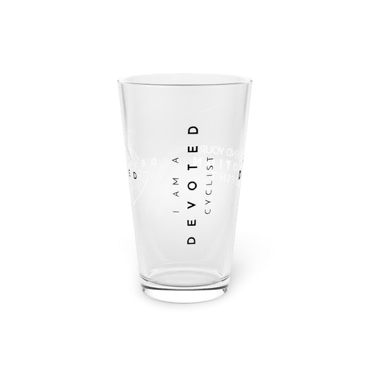 The Devoted Cyclist 16oz Pint Glass — Minimalist Beer & Drinkware for Cyclists
