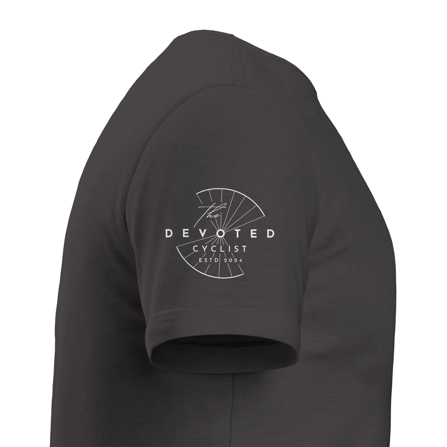 Side image of a T-shirt in antique black to show the Devoted logo visible on the right hand, printed in ivory , on a transparent background. 