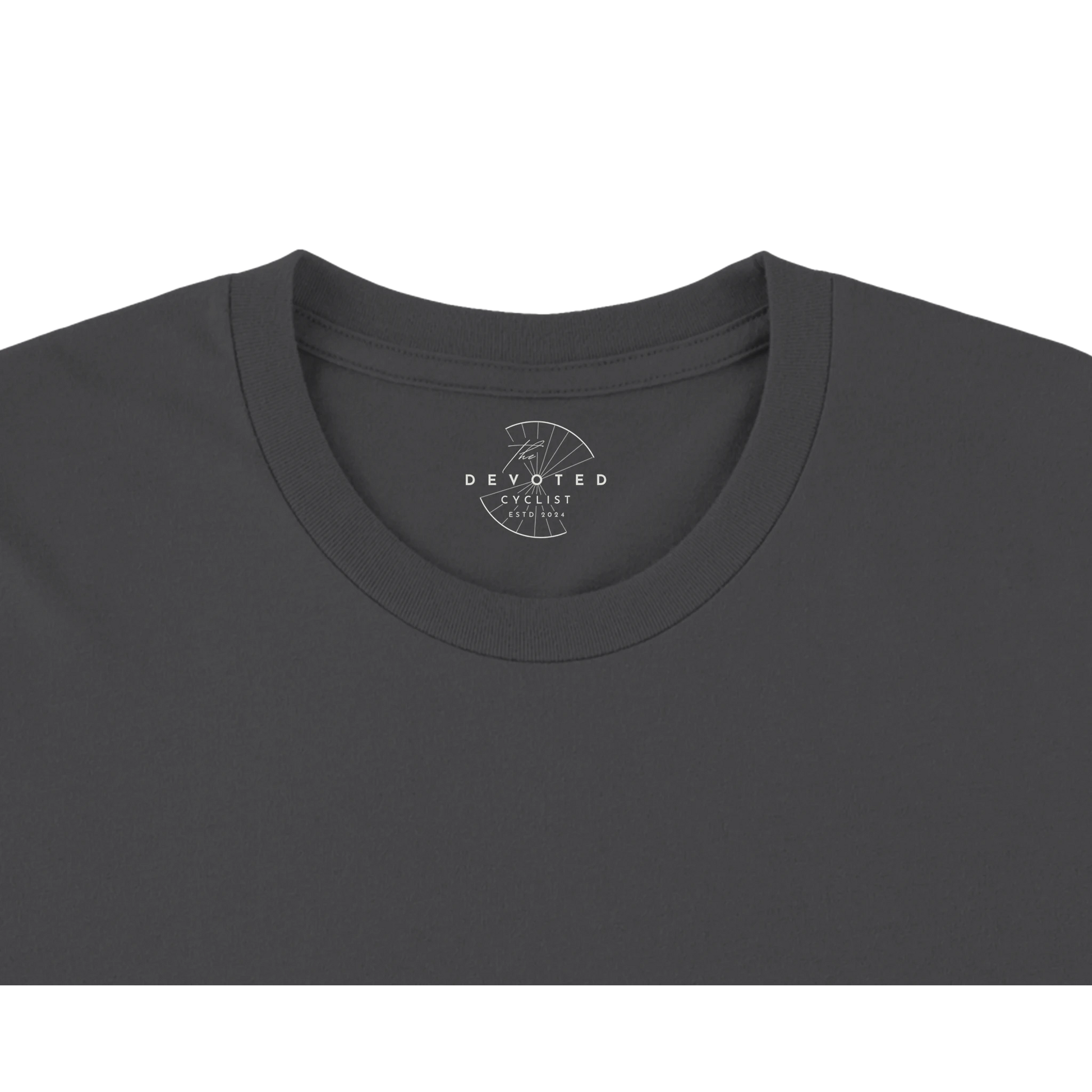 Close up of an antique black T-shirt on a transparent background showing The Devoted Cyclist logo printed on the inner neck in white. 