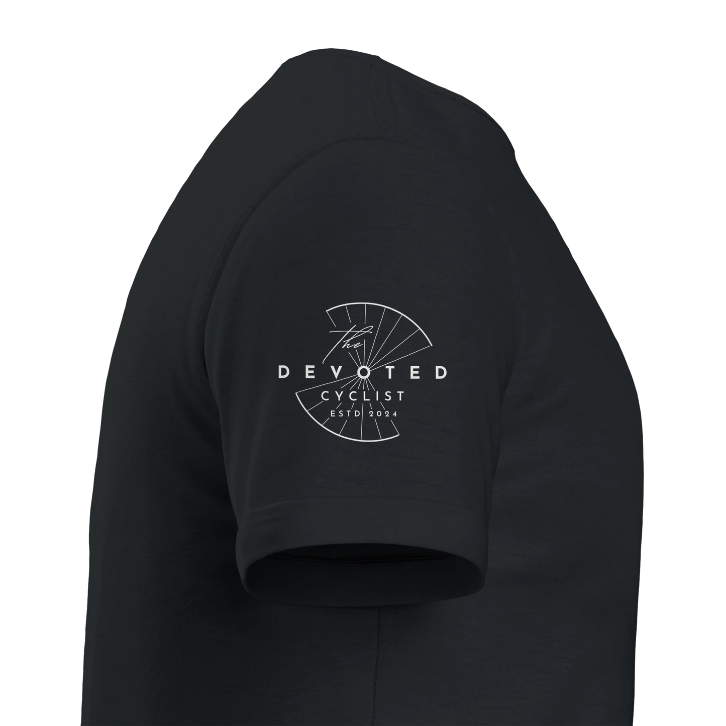 Side image of a T-shirt in back to show the Devoted logo visible on the right hand sleeve printed in ivory , on a transparent background. 