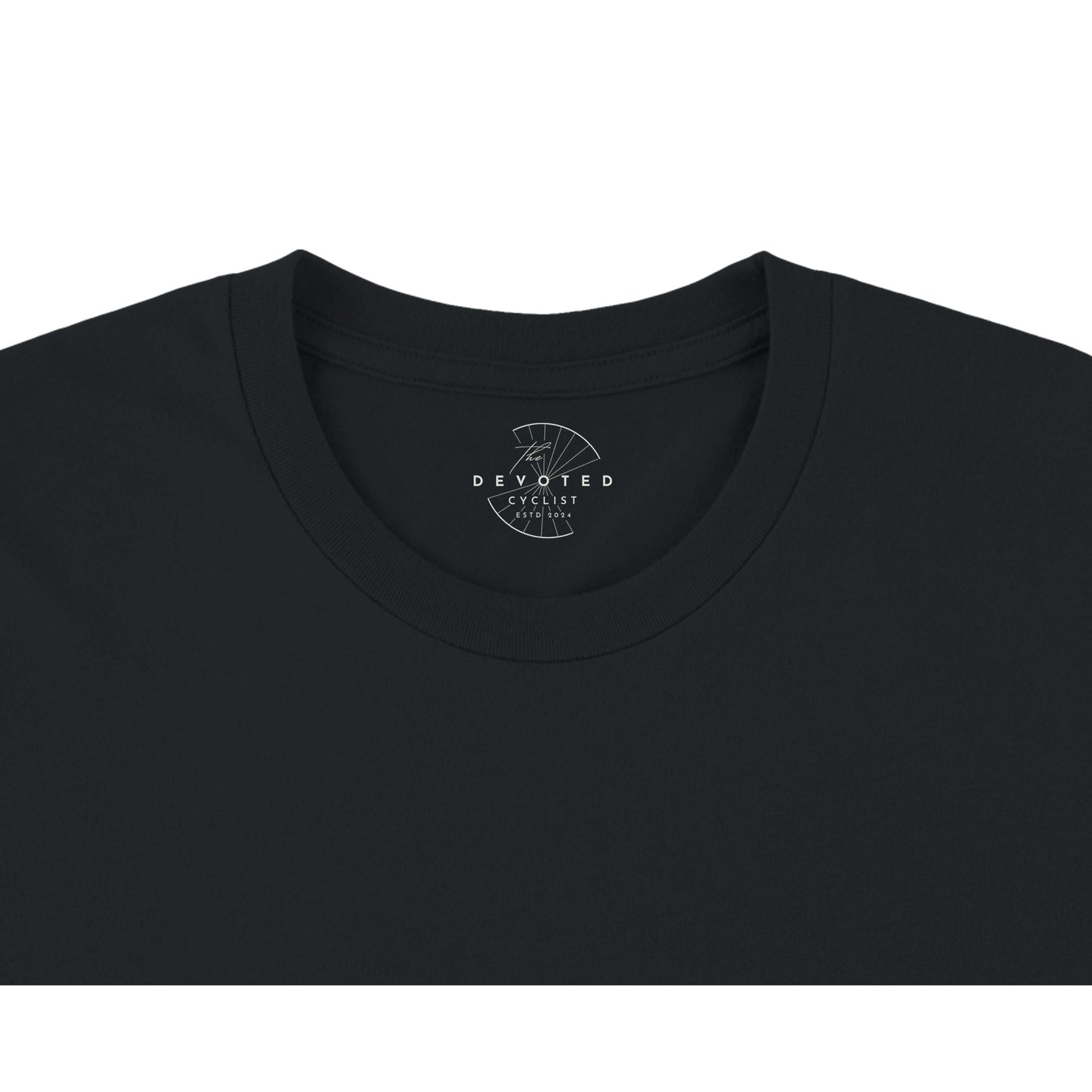 Close up of a black T-shirt on a white background showing The Devoted Cyclist logo printed on the inner neck in white. 