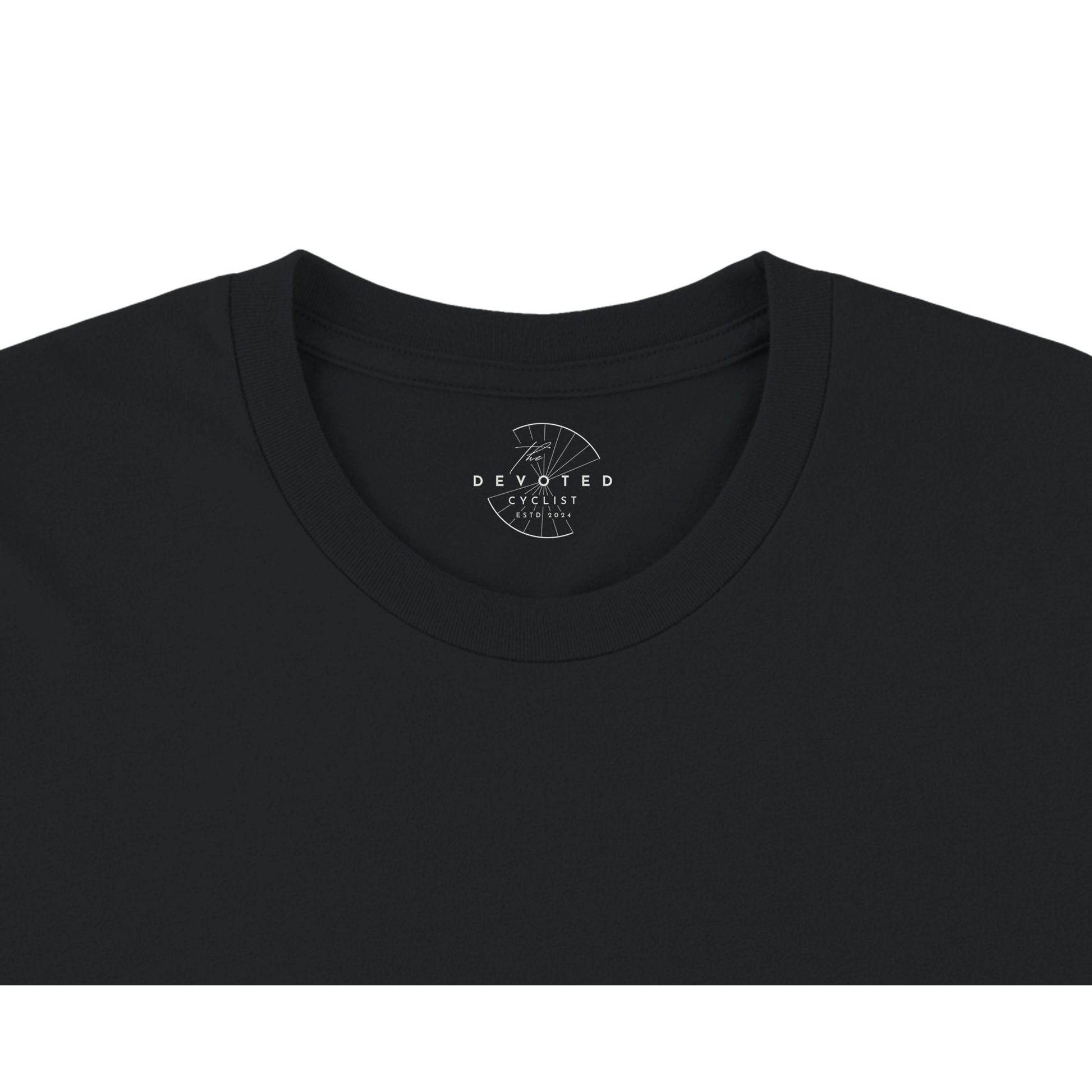 Close up of a black T-shirt on a white background showing The Devoted Cyclist logo printed on the inner neck in white. 