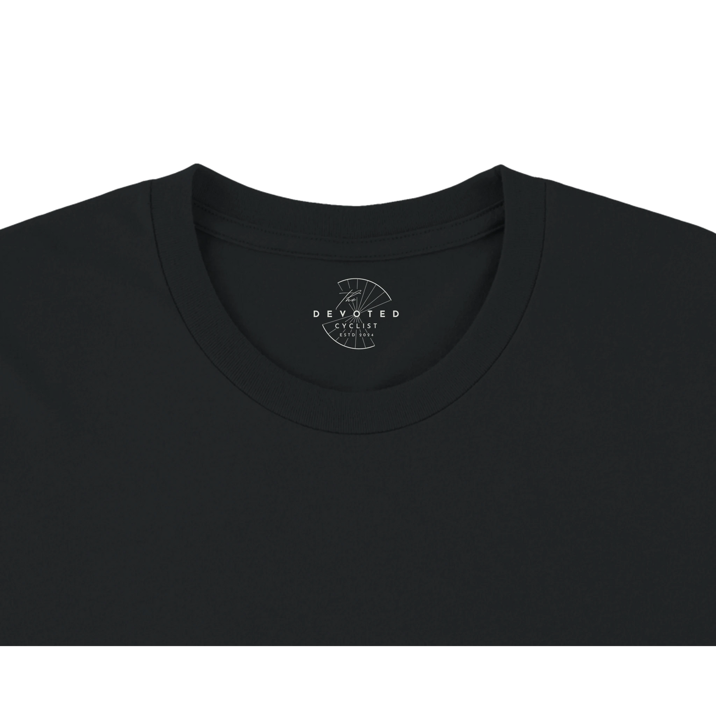 Close up of a black T-shirt on a transparent background showing The Devoted Cyclist logo printed on the inner neck in white. 