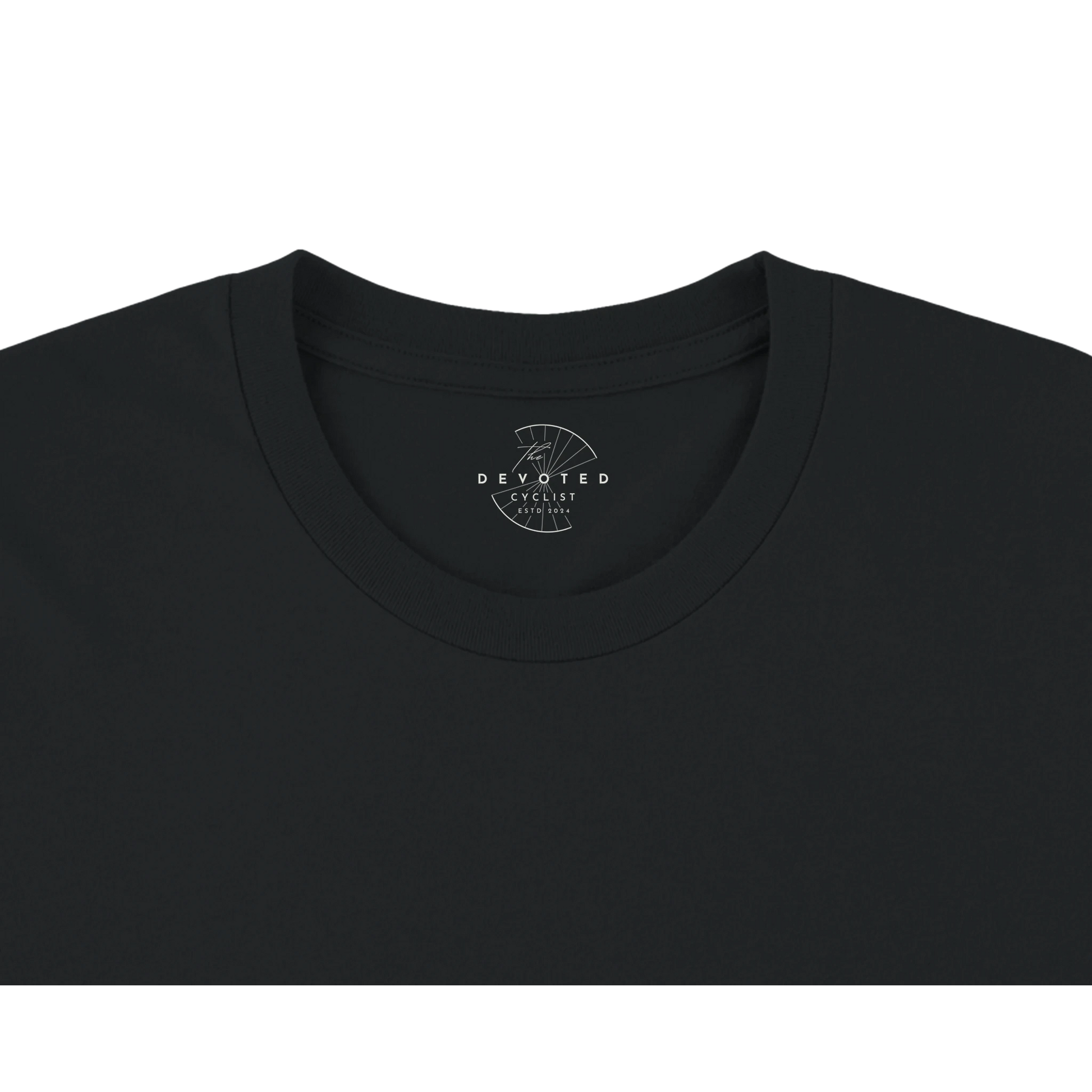 Close up of a black T-shirt on a transparent background showing The Devoted Cyclist logo printed on the inner neck in white. 