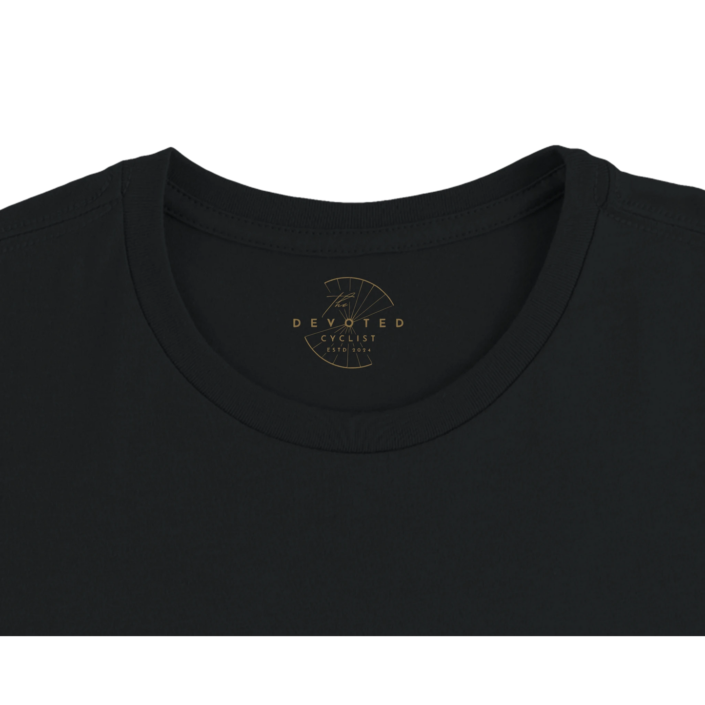 The close up image of a black T-shirt on 
 a transparent background from The Devoted Cyclist to show the printed logo, here in gold, on the inner neck