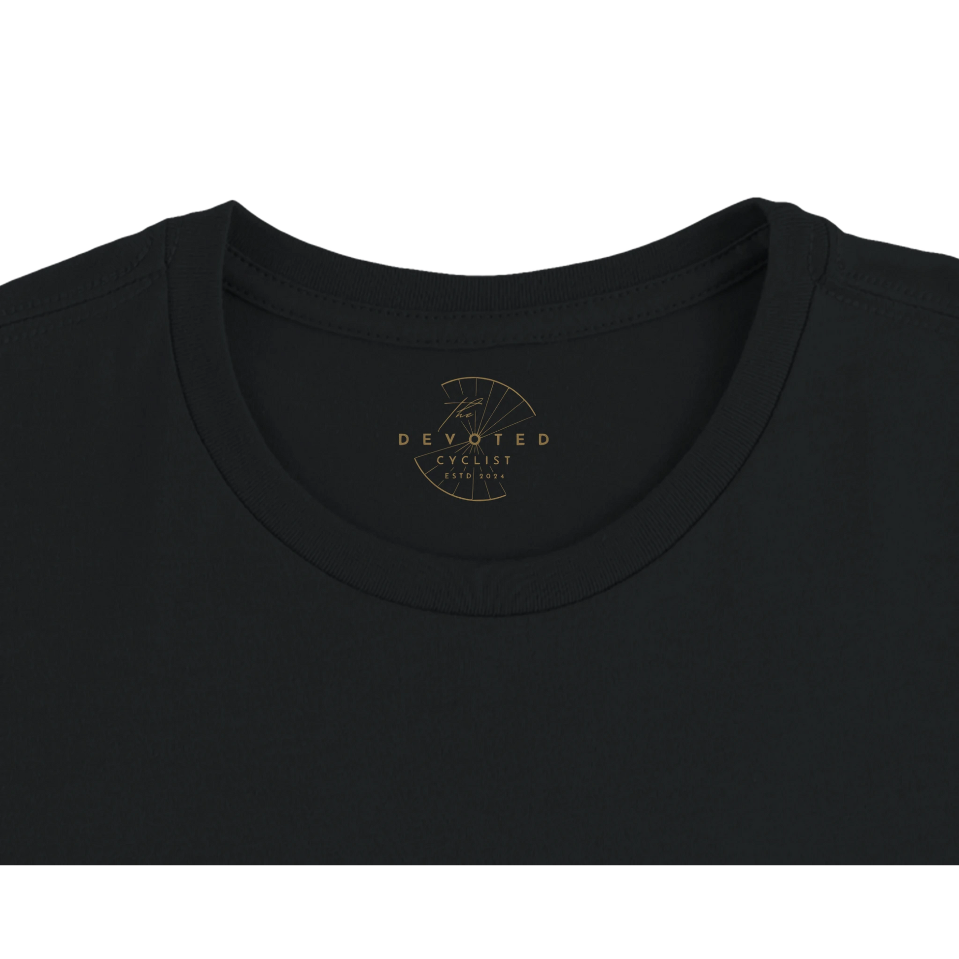 The close up image of a black T-shirt on 
 a transparent background from The Devoted Cyclist to show the printed logo, here in gold, on the inner neck