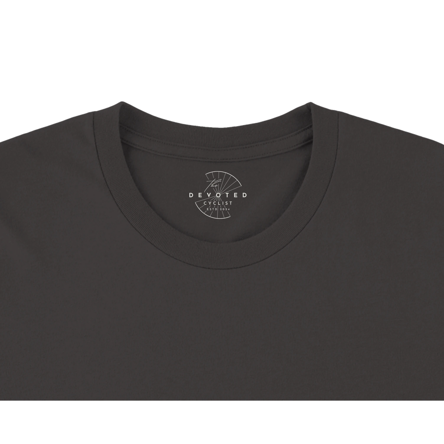 Close up of a black T-shirt on a transparent background showing The Devoted Cyclist logo printed on the inner neck in white. 