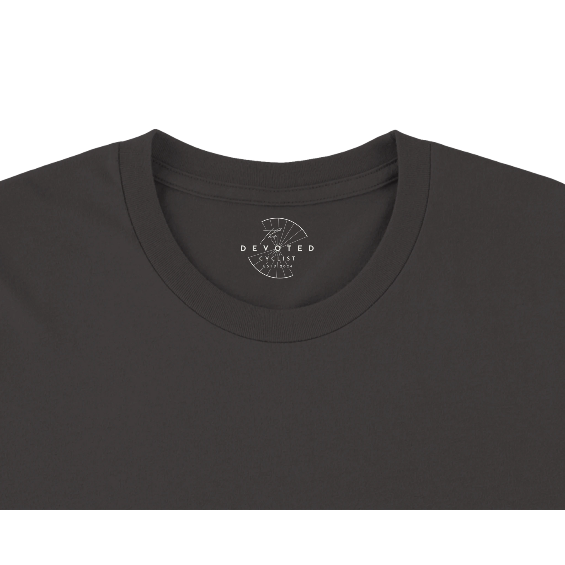 Close up of a black T-shirt on a transparent background showing The Devoted Cyclist logo printed on the inner neck in white. 