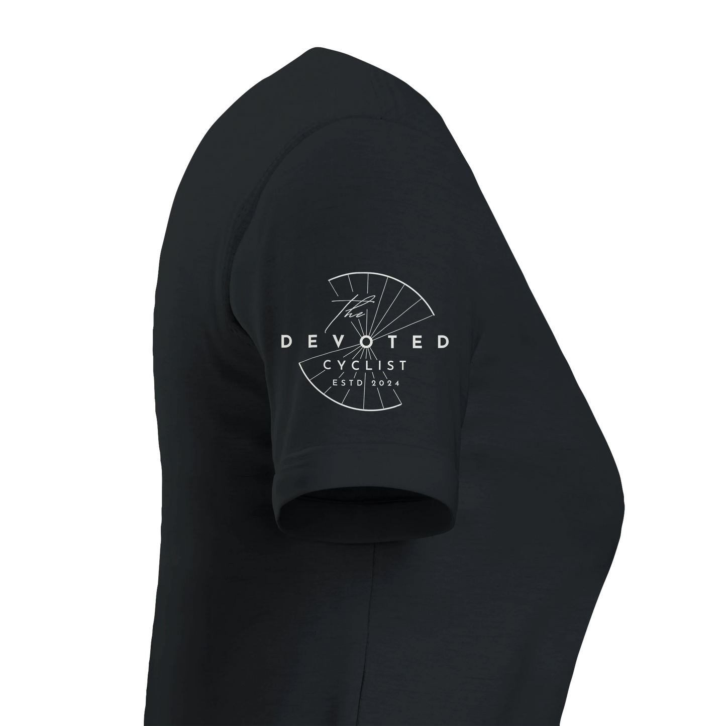 Side image of a T-shirt in black to show the Devoted logo visible on the right hand sleeve printed in ivory , on a transparent background. 