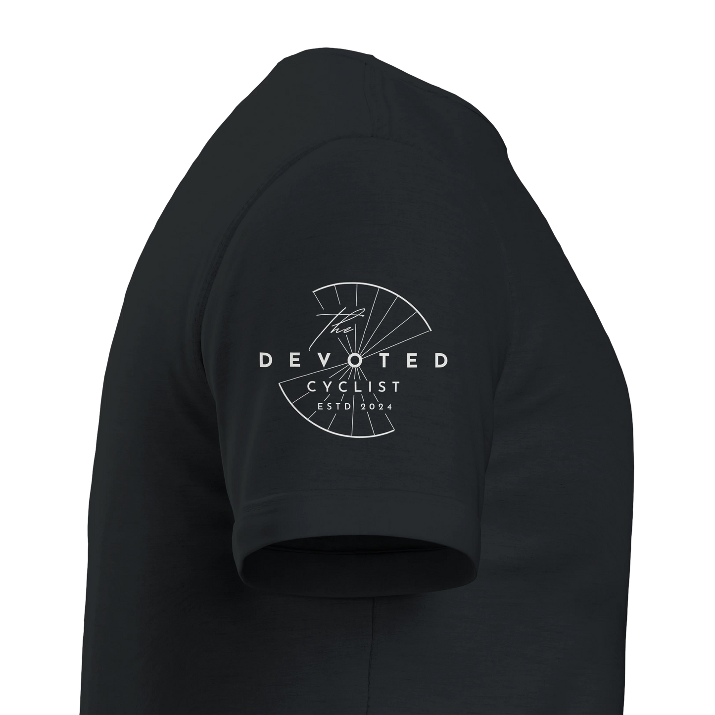 Side image of a T-shirt in black to show the Devoted logo visible on the right hand, printed in white , on a transparent background. 