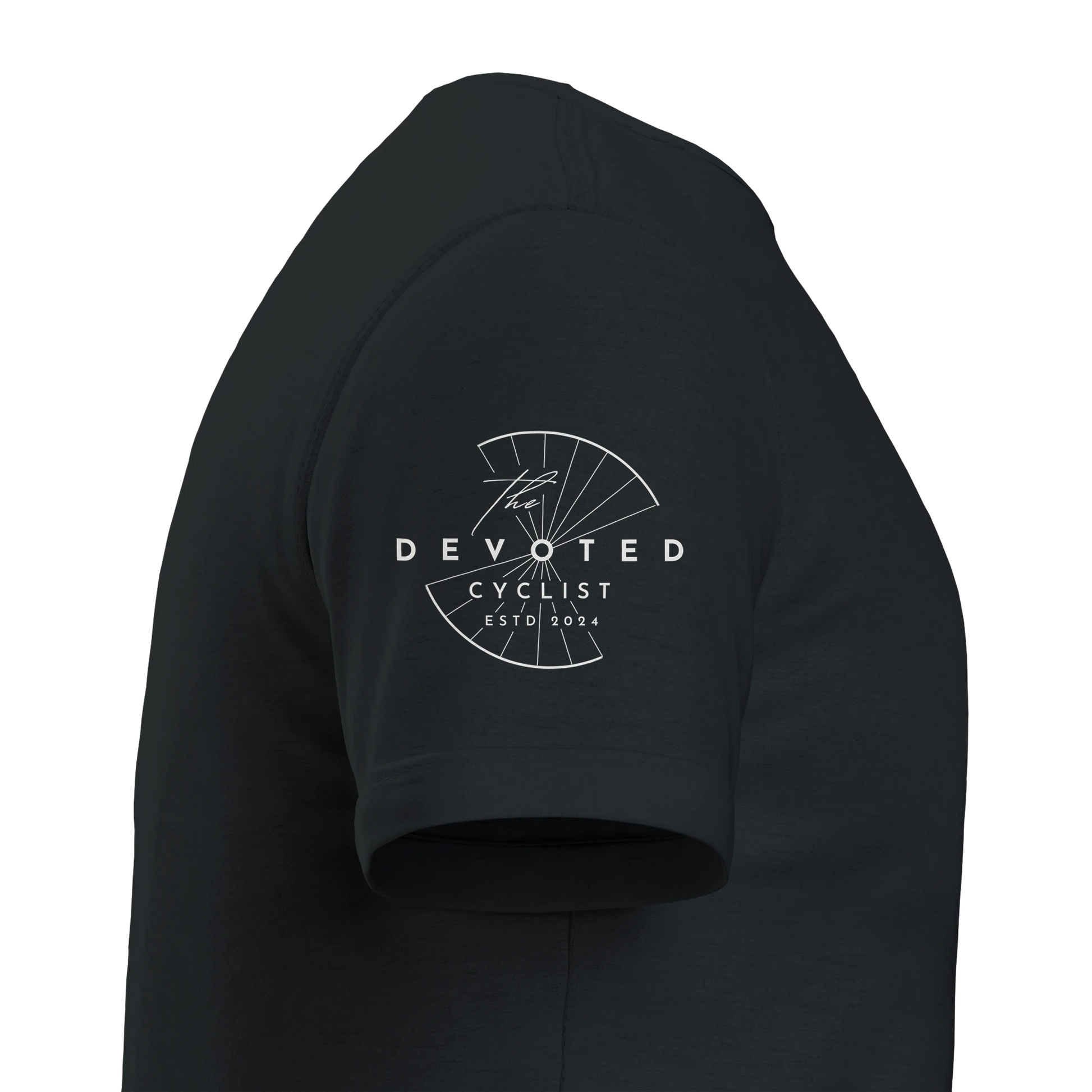 Side image of a T-shirt in black to show the Devoted logo visible on the right hand, printed in white , on a transparent background. 