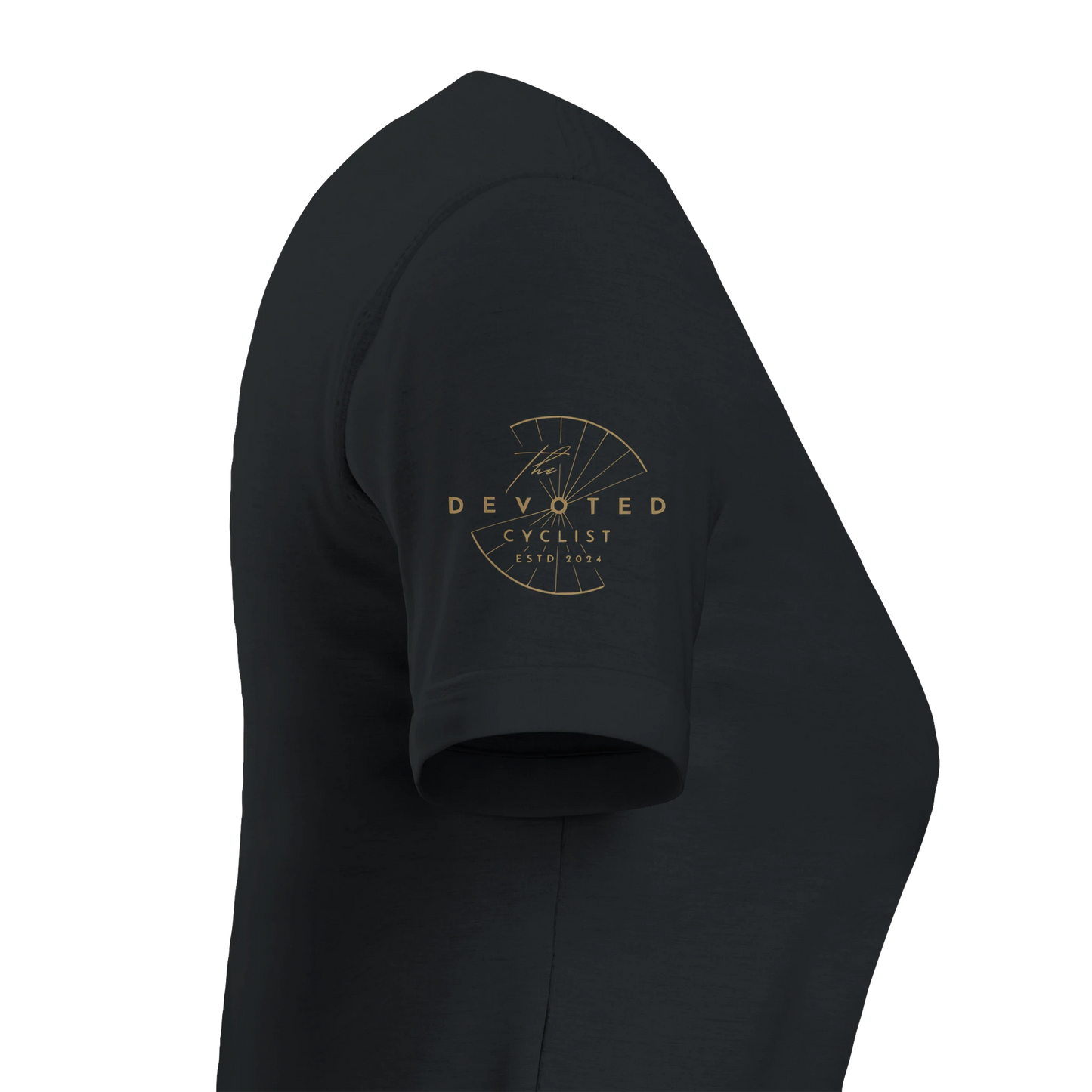 Side image of a T-shirt in black to show the Devoted logo visible on the right hand sleeve printed in gold , on a transparent background. 