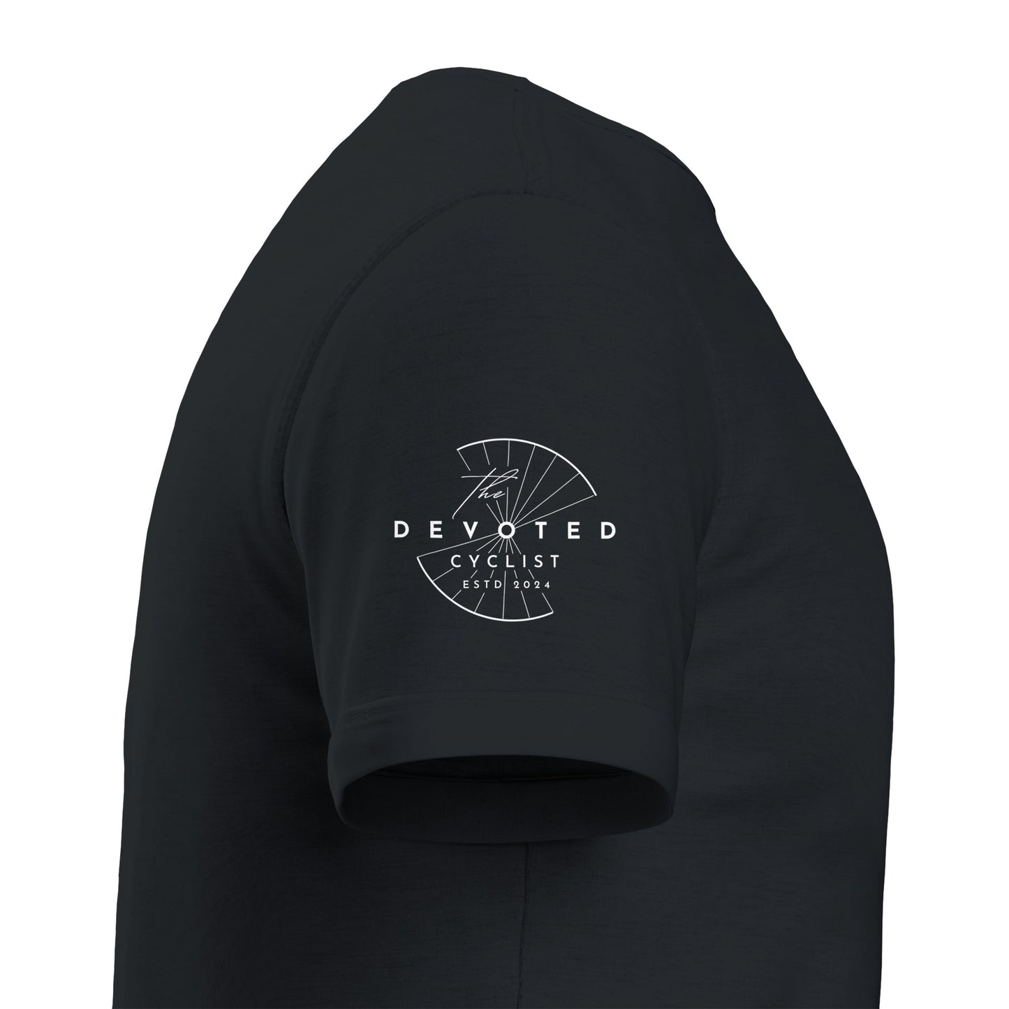 Side image of a T-shirt in black to show the Devoted logo visible on the right hand sleeve printed in white, on a white background. 