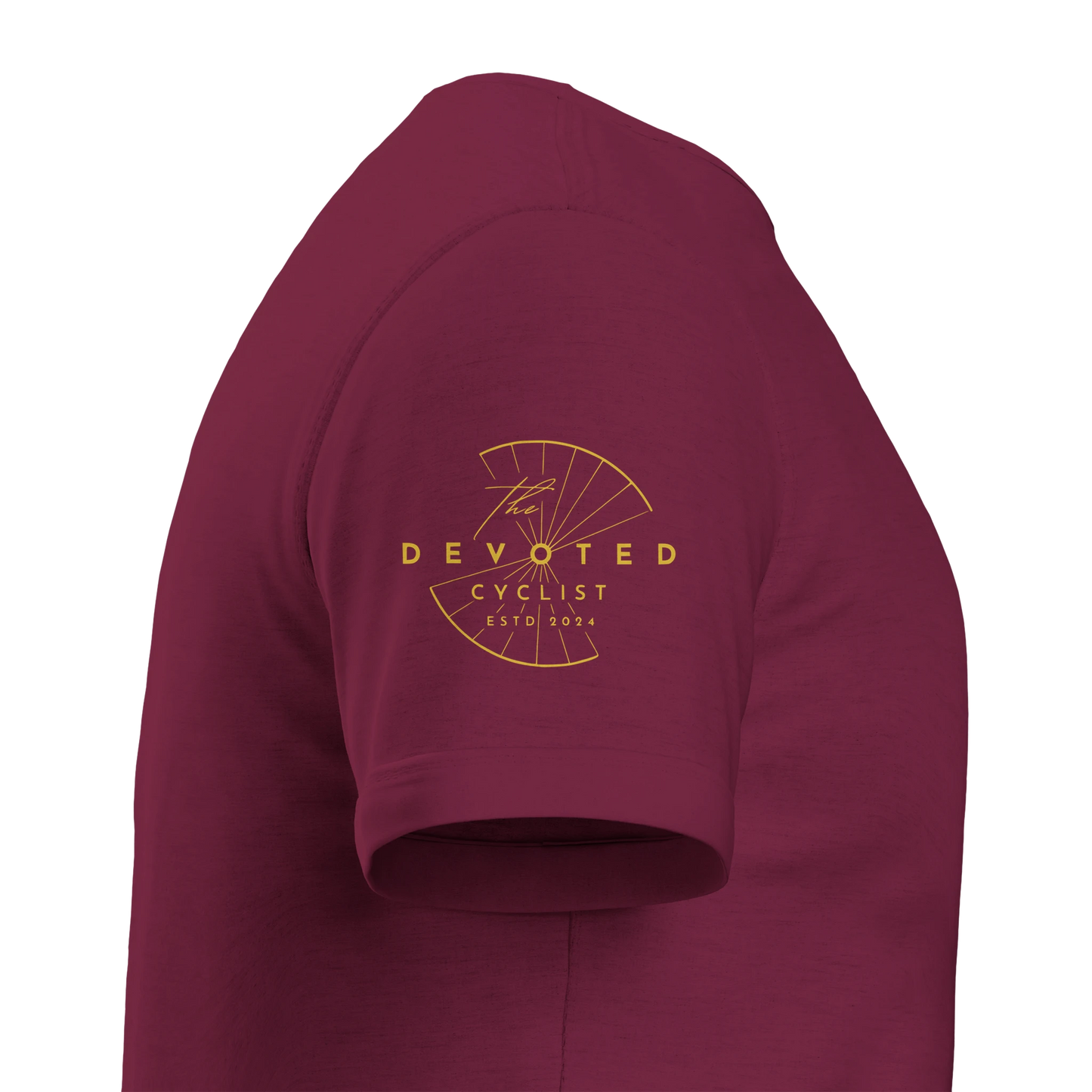 Side image of women's specific T-shirt in marron to show the Devoted logo visible on the right hand, printed in gold , on a transparent background. 