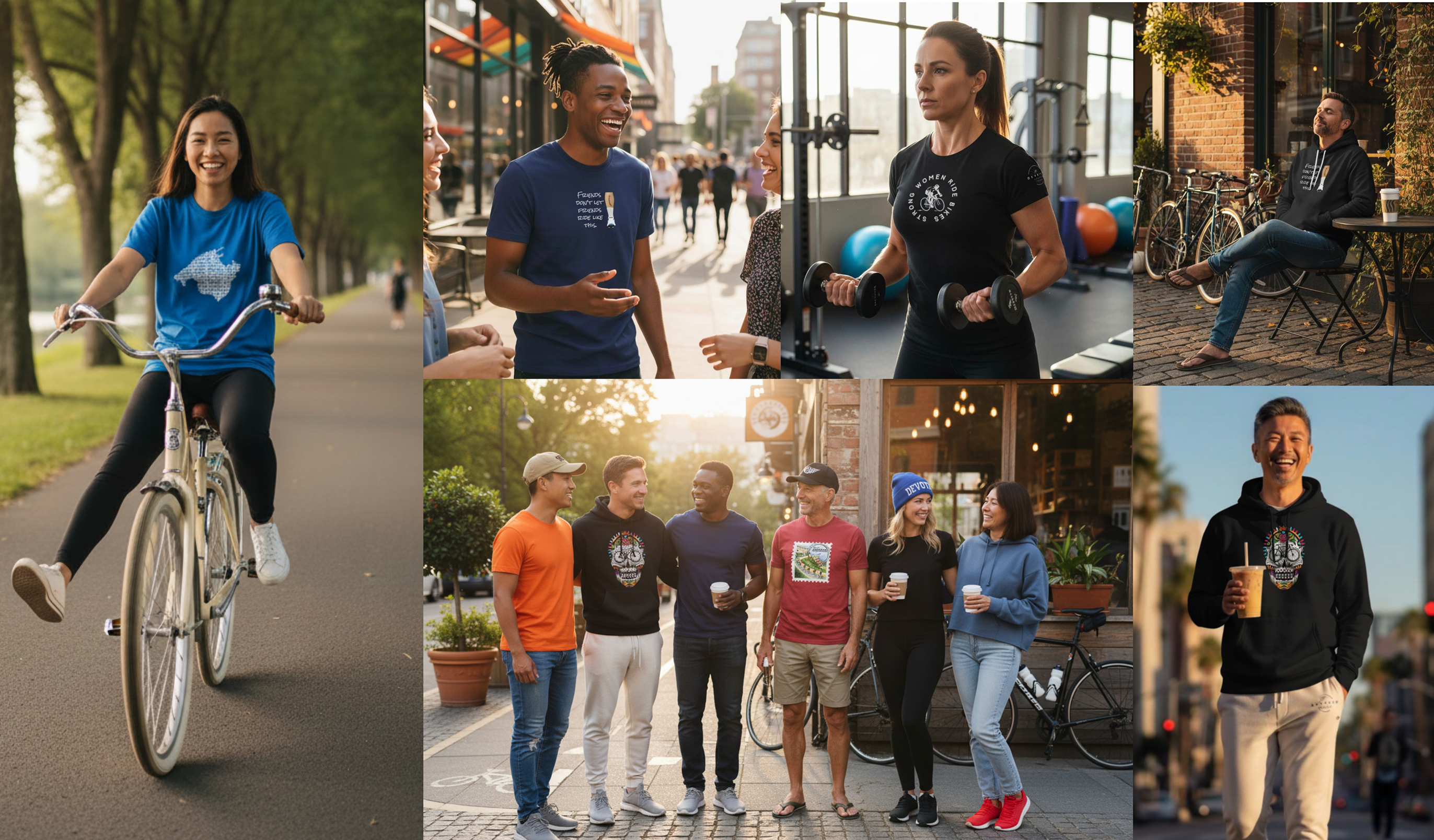 Collage of people in various settings, including a cyclist, a group of people standing together, and a person sitting outdoors wearing clothing from The Devoted Cyclist. 