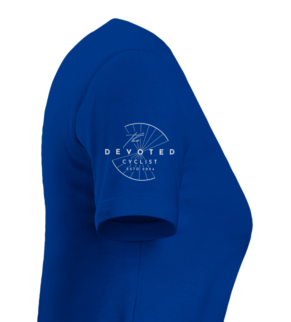 The Devoted Cyclists logo printed in white on the right sleeve of a royal blue women's specific T-shirt against a white background.