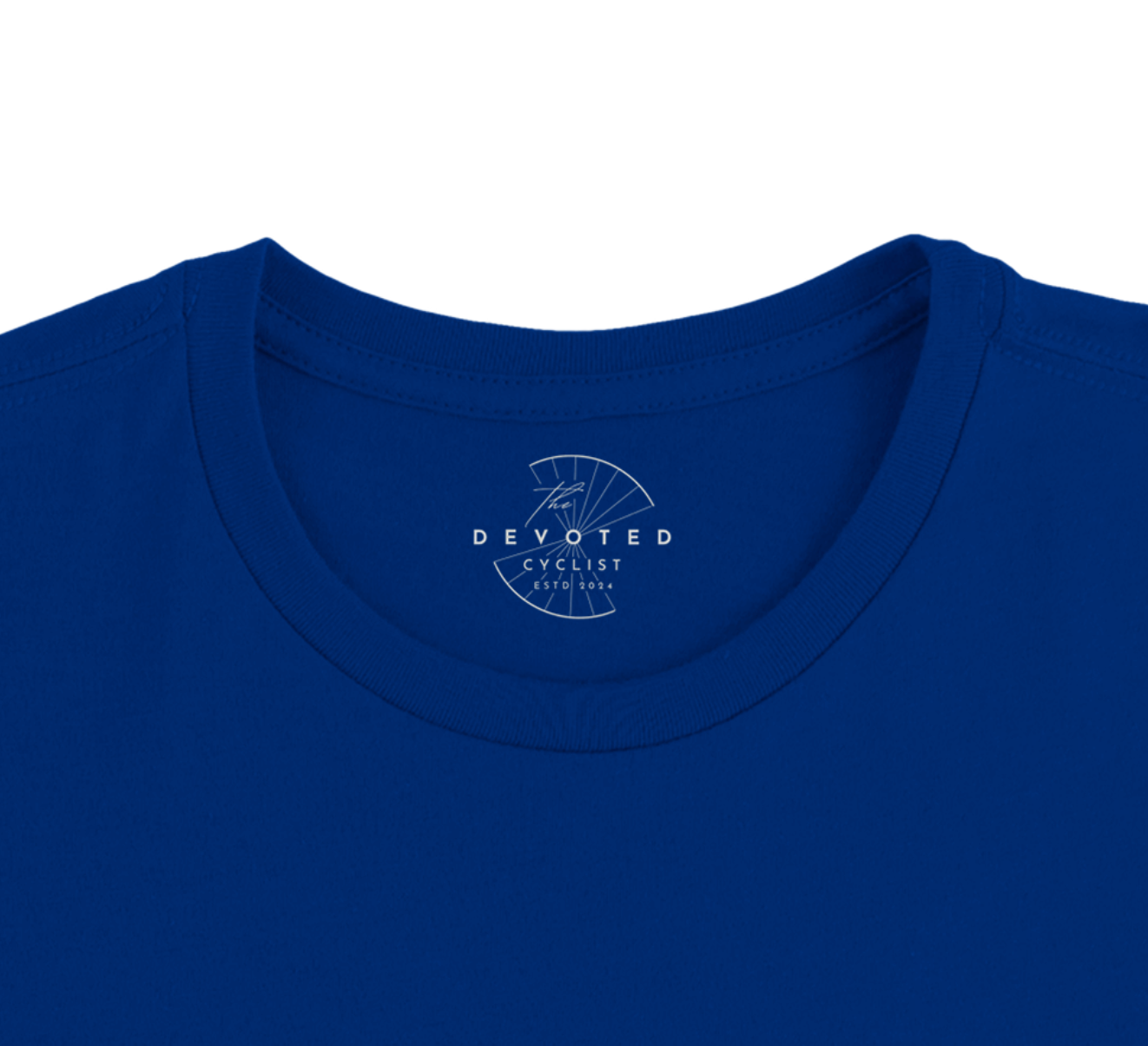 Close-up of The Devoted Cyclist logo printed on the inner neck of a women's specific royal blue T-shirt  against a white background