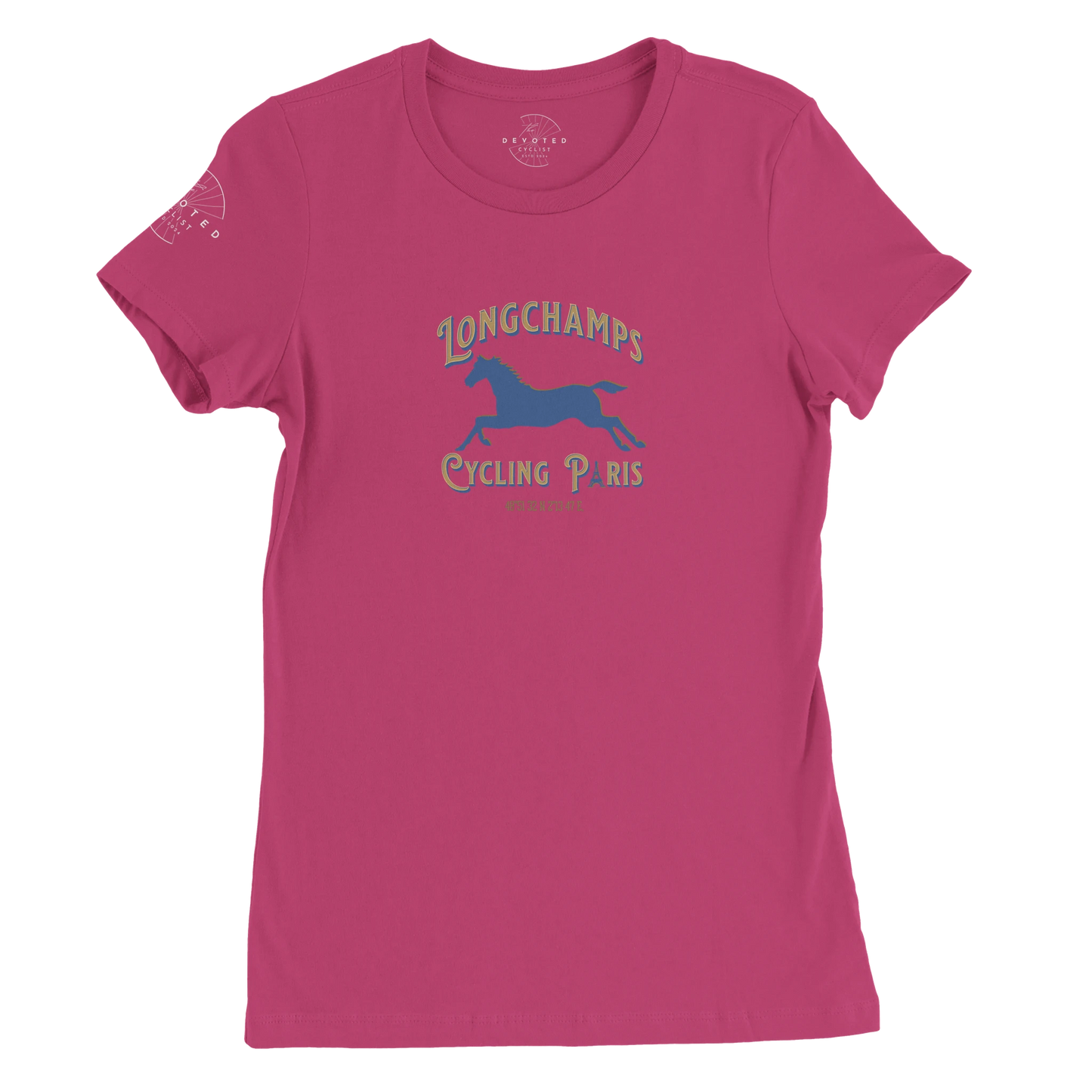 Image of the Longchamps Cycling Paris-women's specific T-shirt in berry  (pink). from The Devoted Cyclist. The words Longchamps Cycing Paris surround the silhouette of a horse that is in motion. The text is Gold and blue, as well as the horse. 
