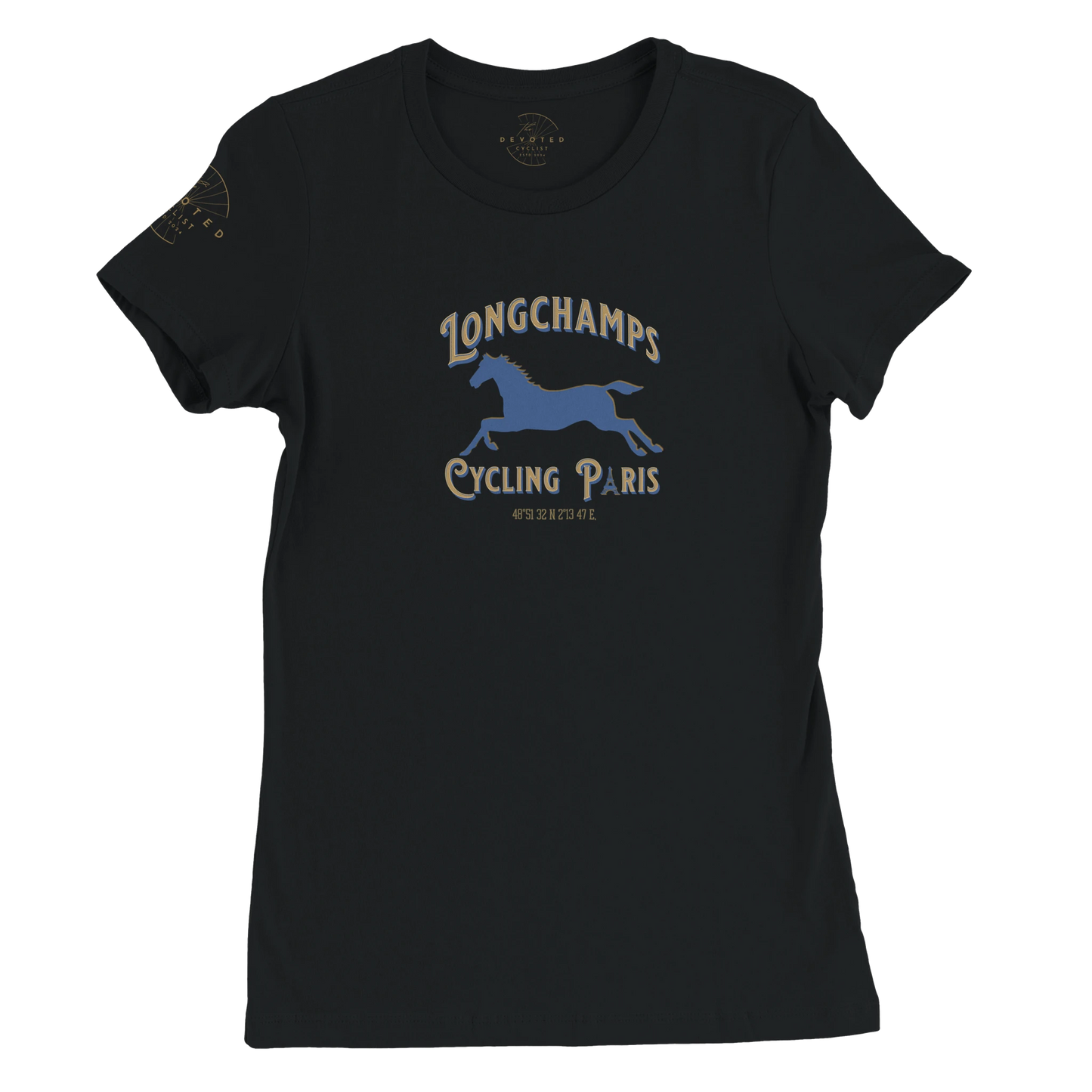 Image of the Longchamps Cycling Paris-women's specific T-shirt in black from The Devoted Cyclist. The words Longchamps Cycing Paris surround the silhouette of a horse that is in motion. The text is Gold and light blue, as well as the horse. 