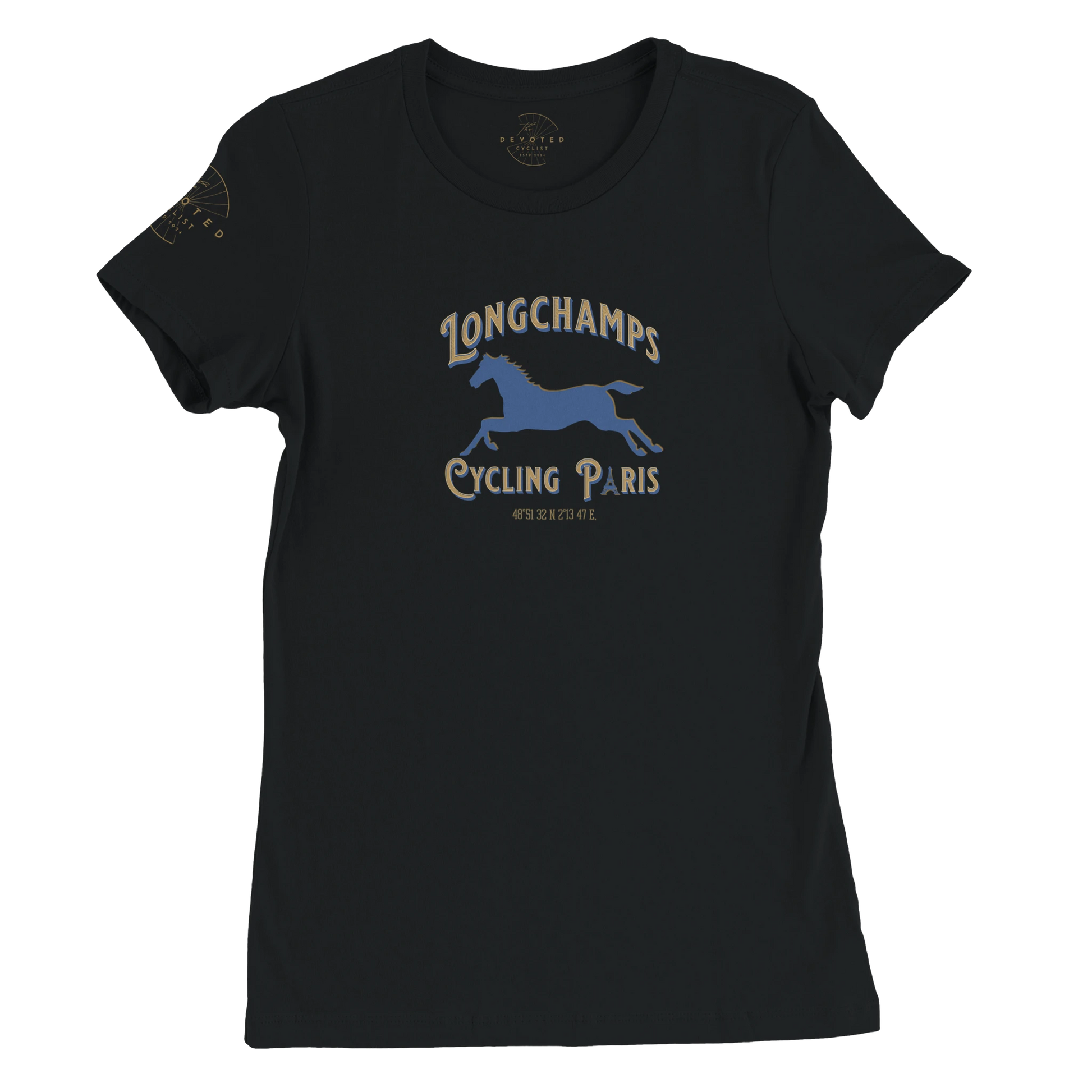 Image of the Longchamps Cycling Paris-women's specific T-shirt in black from The Devoted Cyclist. The words Longchamps Cycing Paris surround the silhouette of a horse that is in motion. The text is Gold and light blue, as well as the horse. 