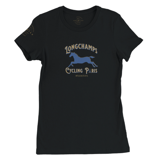Image of the Longchamps Cycling Paris-women's specific T-shirt in black from The Devoted Cyclist. The words Longchamps Cycing Paris surround the silhouette of a horse that is in motion. The text is Gold and light blue, as well as the horse. 