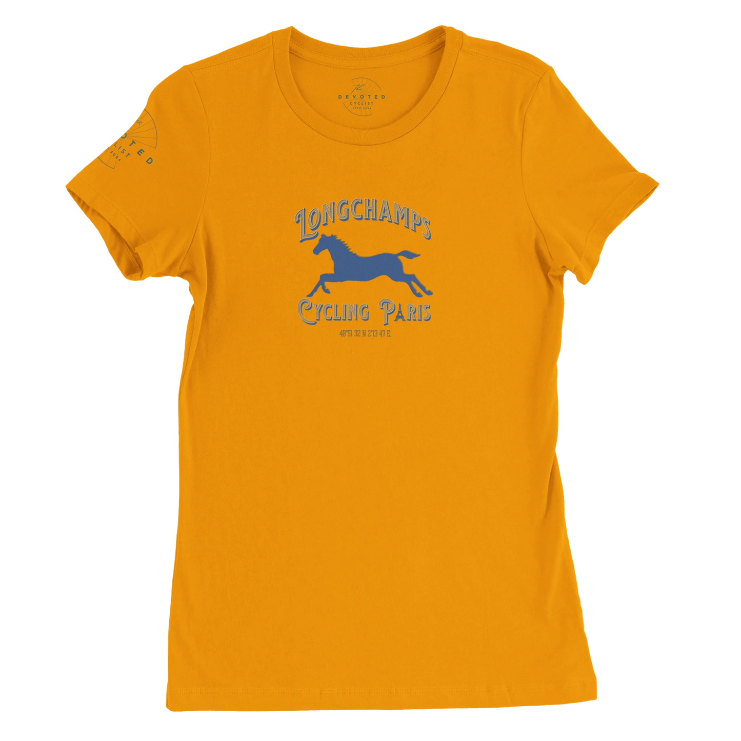 Image of the Longchamps Cycling Paris-women's specific T-shirt in Gold (deep yellow) from The Devoted Cyclist. The words Longchamps Cycing Paris surround the silhouette of a horse that is in motion. The text is Gold and blue, as well as the horse. 
