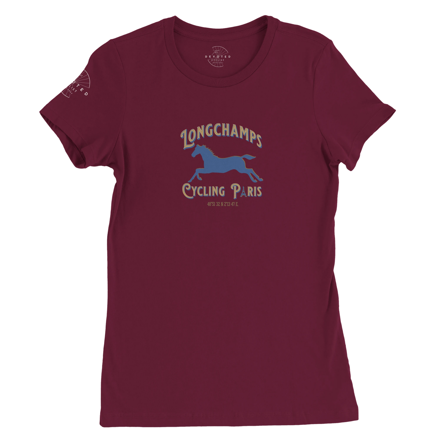 Image of the Longchamps Cycling Paris-women's specific T-shirt in Maroon from The Devoted Cyclist. The words Longchamps Cycing Paris surround the silhouette of a horse that is in motion. The text is Gold and blue, as well as the horse. 