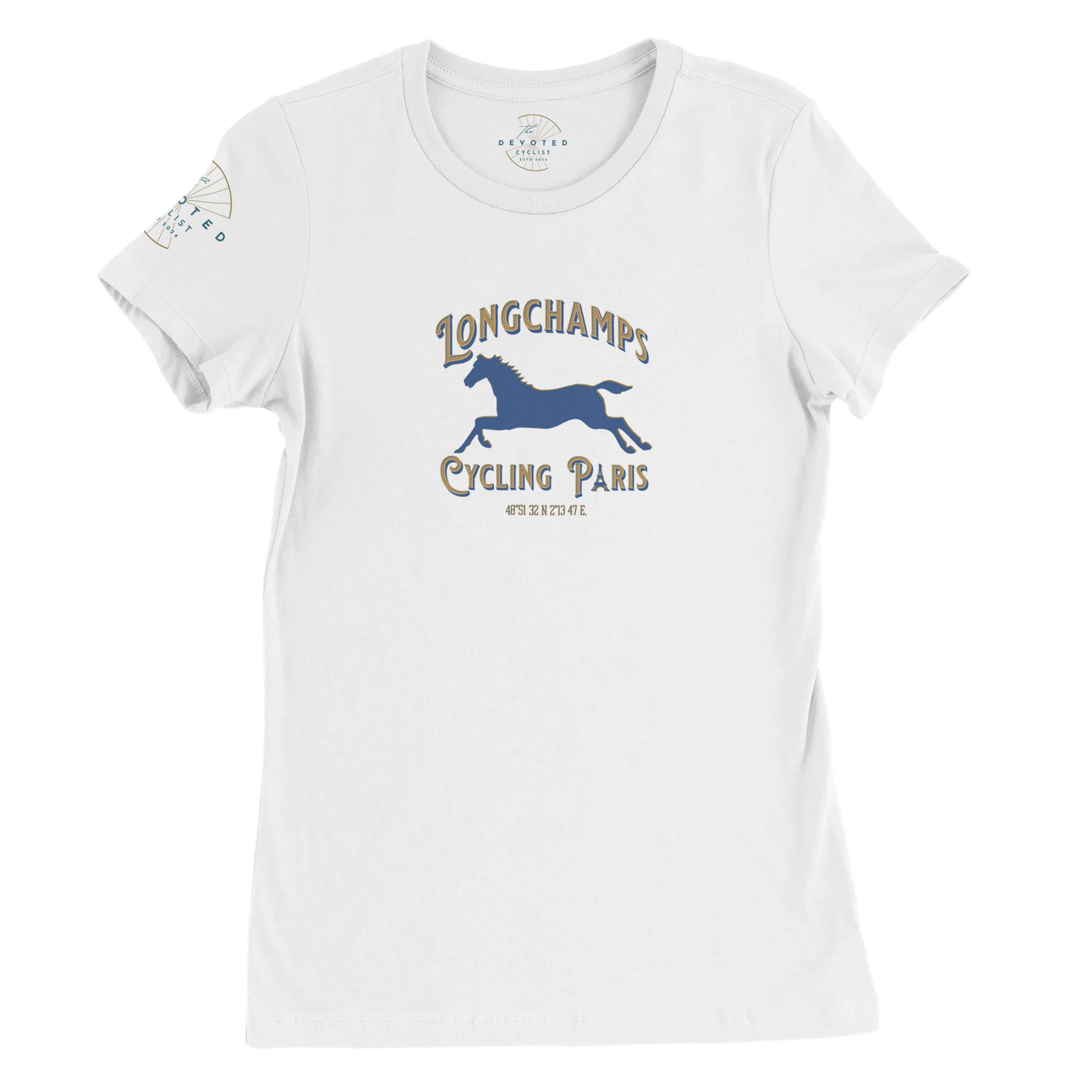 Image of the Longchamps Cycling Paris-women's specific T-shirt in white from The Devoted Cyclist. The words Longchamps Cycing Paris surround the silhouette of a horse that is in motion. The text is Gold and blue, as well as the horse. 
