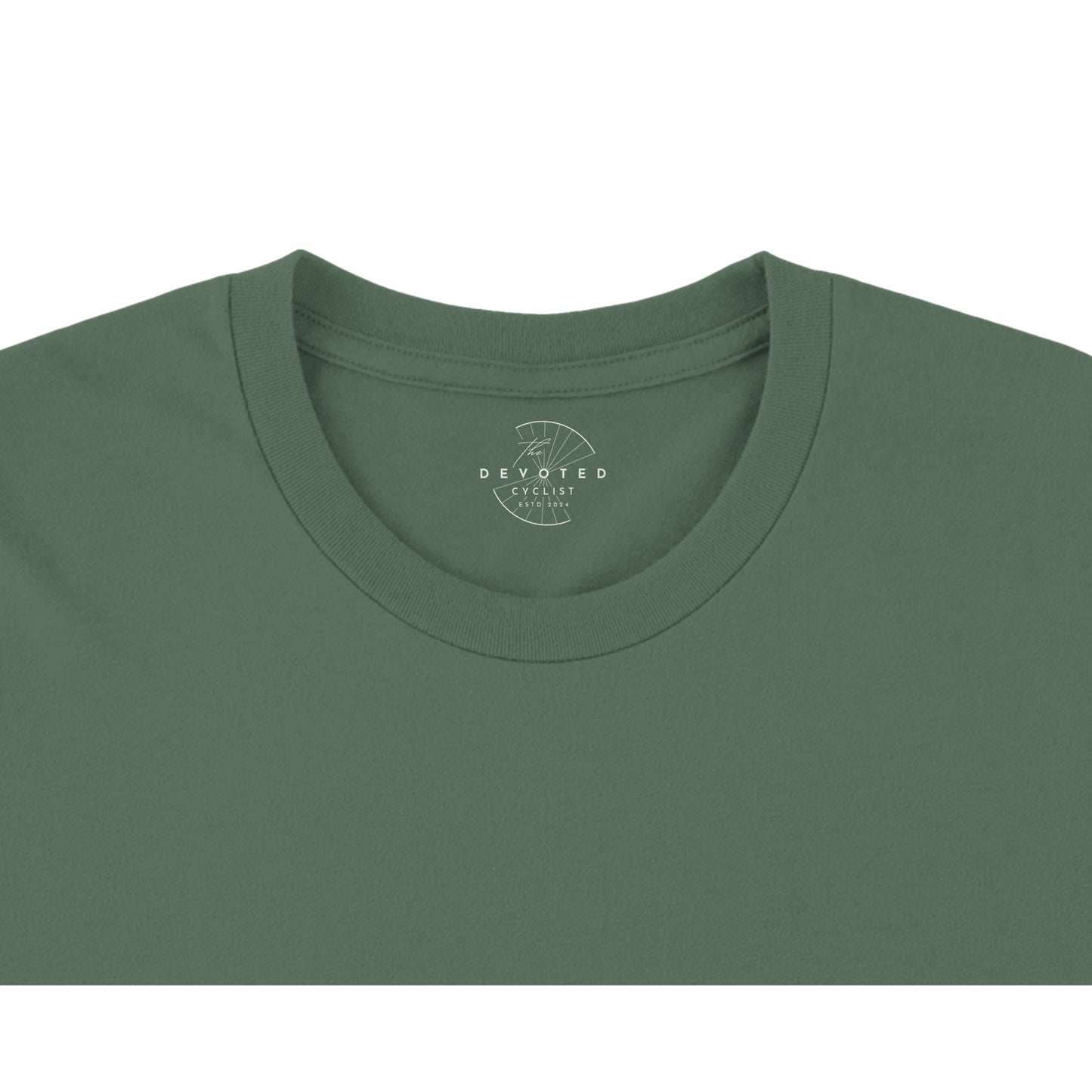 Close up of a military green T-shirt on a white background showing The Devoted Cyclist logo printed on the inner neck in ivory.
