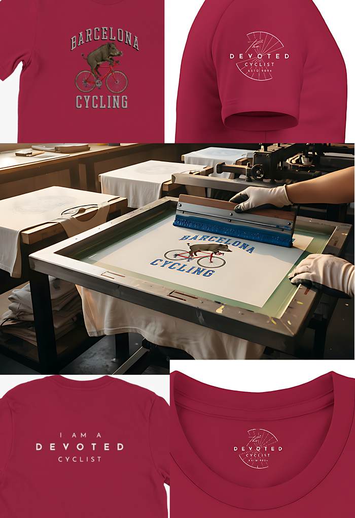 Collage of red t-shirts with cycling-themed designs and a screen printing process to show the four point printing process for T-shirts made by The DEVOTED Cyclist. 