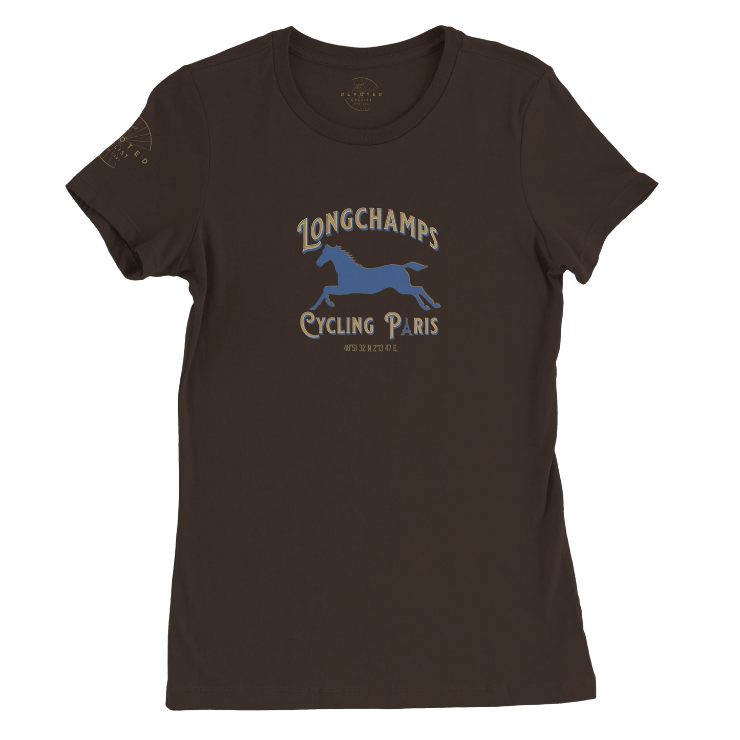 Image of the Longchamps Cycling Paris-women's specific T-shirt in brown. from The Devoted Cyclist. The words Longchamps Cycing Paris surround the silhouette of a horse that is in motion. The text is Gold and blue, as well as the horse. 